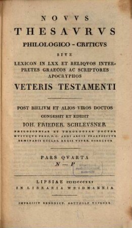 Novus thesaurus philologico-criticus sive lexicon in LXX et reliquos interpretes graecos ac scriptores apocryphos Veteris Testamenti. 4, N - R