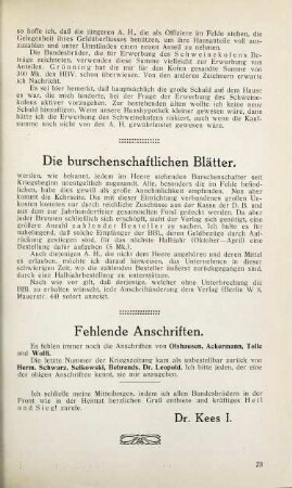 23 Die burschenschaftlichen Blätter. Fehlende Anschriften.