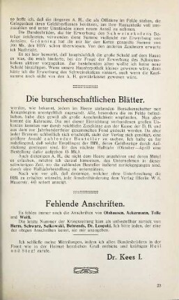 23 Die burschenschaftlichen Blätter. Fehlende Anschriften.