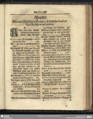 Register Aller merckwürdigen Sachen, so in diesen Symbolischen Predigten vorkommen