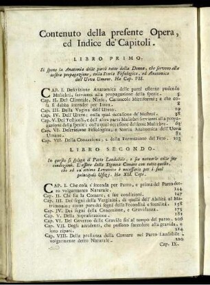 Contenuto della presente Opera, ed Indice de´ Capitoli.
