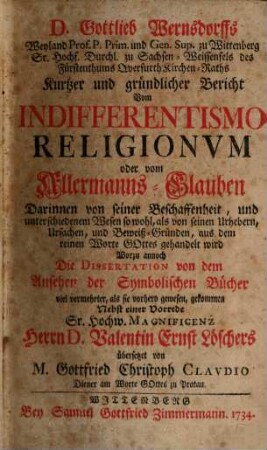 Kurzer Bericht vom Indifferentismo religionum