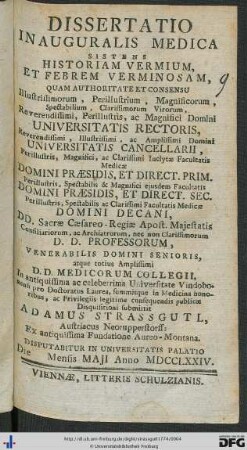 Dissertatio Inauguralis Medica Sistens Historiam Vermium Et Febrem Verminosam