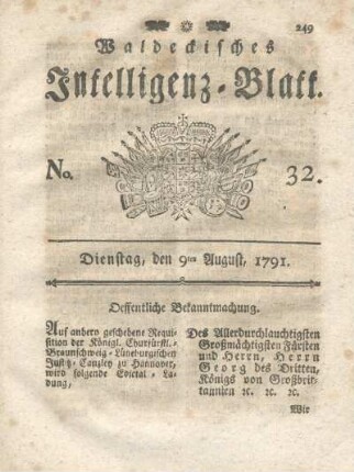 No. 32, Dienstag, den 9ten August, 1791