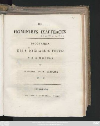 De Hominibvs Isangelois : Programma Die S. Michaelis Festo A. R. S. MDCCLX In Academia Ivlia Carolina P.P