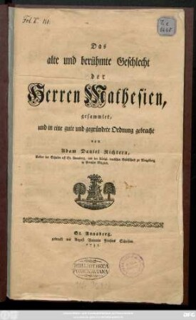 Das alte und berühmte Geschlecht der Herren Mathesien