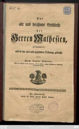 Das alte und berühmte Geschlecht der Herren Mathesien