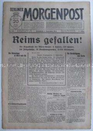 Tageszeitung "Berliner Morgenpost" zur Einnahme von Reims durch deutsche Truppen