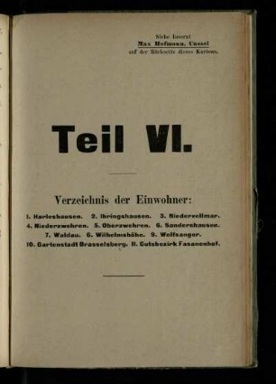 Verzeicnis der Einwohner: Harleshausen, Ihringshausen, Niedervellmar, Niederzwehren, Oberzwehren, Sandershausen, Waldau, Wilhelmshöhe, Wolfsanger, Gartenstadt Brasselsberg, Gutsbezirk Fasanenhof