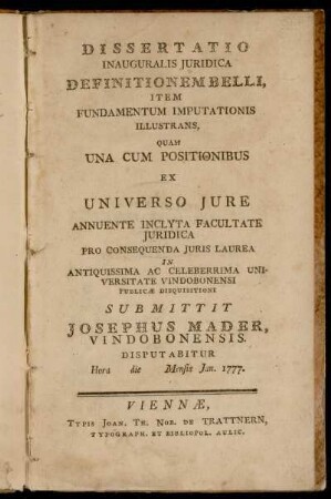 Dissertatio Inauguralis Juridica Definitionem Belli, Item Fundamentum Imputationis Illustrans