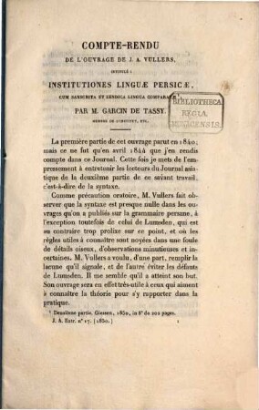 Compte-rendu de l'ouvrage de J. A. Vullers, intitulé: Institutiones linguae persicae, cum sanscrita et zendica linguae comparatae