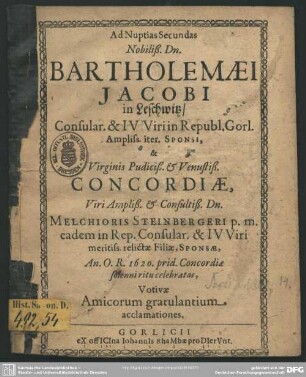 Ad nuptias secundas Barth. Jac. in Leschwitz et concordia Steinberger votivae amicorum gratulantium acclamationes