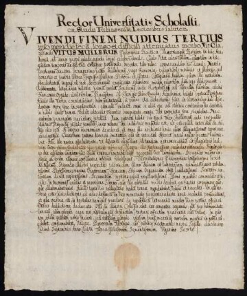 Todesanzeige des Vitus Müllerus, Professor für praktische und theoretische Philosophie, Sohn des Georg Müllerus, pistor, und der Kunigunda Hayd, 1626.
