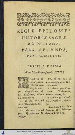 REGIÆÆ EPITOMES HISTORIÆ SACRÆ AC PROFANÆ PARS SECUNDA POST CHRISTUM