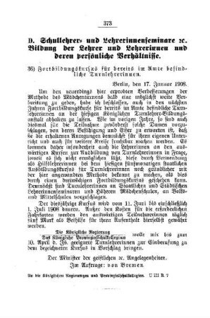 Fortbildungskursus für bereits im Amte befindliche Turnlehrerinnen : [D. Schullehrer- und Lehrerinnenseminare etc., Bildung der Lehrer und Lehrerinnen und deren persönliche Verhältnisse]