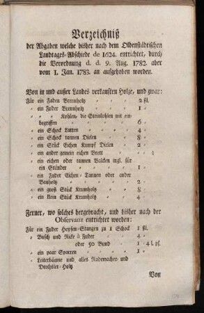 Verzeichniß der Abgaben welche bisher nach dem Oldenstädtischen Landtages-Abschiede de 1624. entrichtet, durch die Verordnung d.d. 9. Aug. 1782. aber vom 1. Jan. 1783. an aufgehoben werden