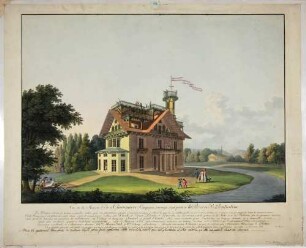 Landhaus und Garten des russischen Fürsten Nikolaus Abramowitsch Putjatin (1749-1830) in Kleinzschachwitz bei Dresden (Baujahr 1798, heute Putjatinstraße 26), Ansicht von Nordosten, rechts der Lockwitzbach