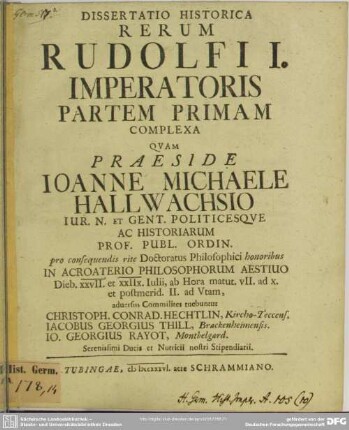 Dissertatio Historica Rerum Rudolfi I. Imperatoris Partem Primam Complexa