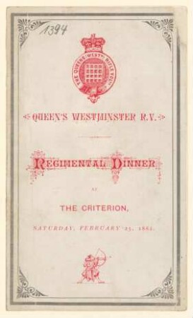 Menükarte : Regimental Diner, The Criterion, Picadilly London, Spiers Pond