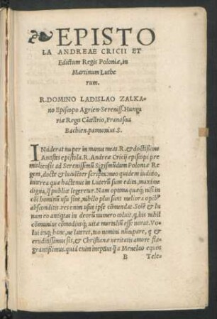Epistola Andreae Cricii Et Edictum Regis Poloniae, in Martinum Lutherum.