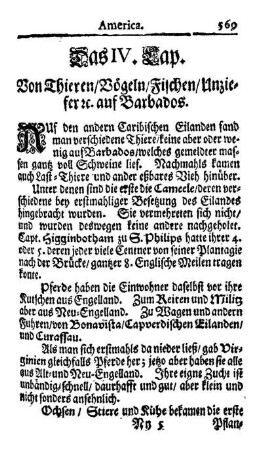 Das IV. Kap. - Von Thieren, Vögeln, Fischen, Unziefern usf. auf Barbados