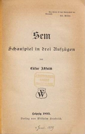 Sem : Schauspiel in drei Aufzügen