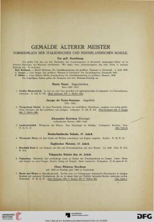 Gemälde älterer Meister. Vornehmlich der italienischen und niederländischen Schule (Nr. 1-264)