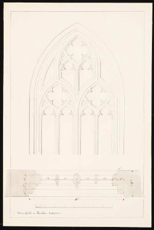 Pfarrkirche St. Marien, Prenzlau Umbau: Detail Mittelfenster, Ostfassade mit Maßangaben, Ansicht, Schnitt