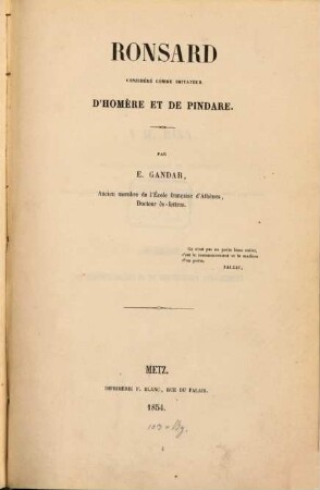 Ronsard considéré comme imitateur d'Homère et de Pindare