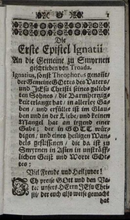 Die Erste Epistel Ignatii An die Gemeine zu Smyrnen [...]