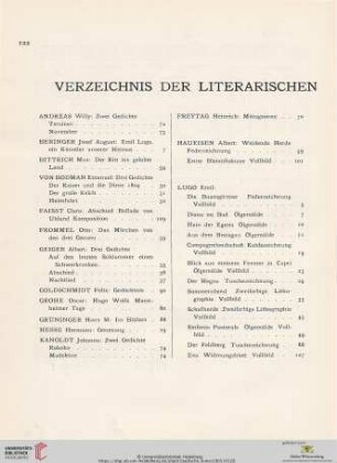 Verzeichnis der literarischen und künstlerischen Beiträge