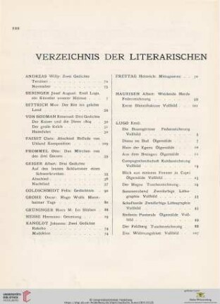 Verzeichnis der literarischen und künstlerischen Beiträge