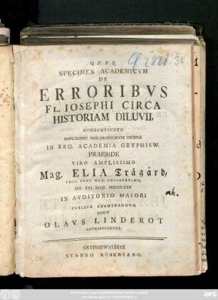 Specimen Academicvm De Erroribvs Fl. Iosephi Circa Historiam Diluvii