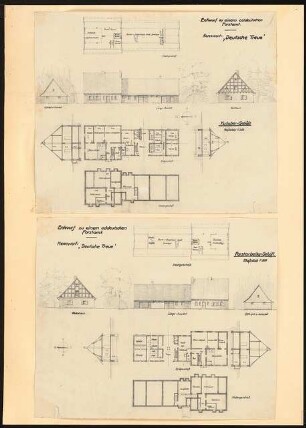 Ostdeutsches Forstamt Schinkelwettbewerb 1944: Kutscher- und Forstarbeiter-Gehöft. Ansichten, Grundrisse, Schnitte 1:200