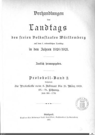 2,119: Landtag Württemberg - Kammer 2, Protokolle 1920-1921, Bd. 2