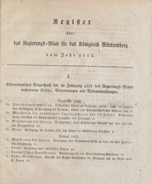 I. Chronologisches Verzeichniß der im Jahre 1833 des Regierungs-Blatts enthaltenen Gesetze, Verordnungen und Bekanntmachungen