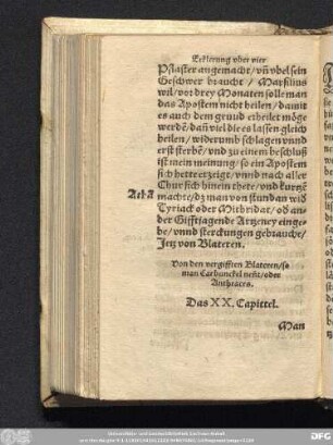 Von den vergifften Blateren/ so man Carbunckel nen[n]t/ oder Anthraces. Das XX. Capittel.