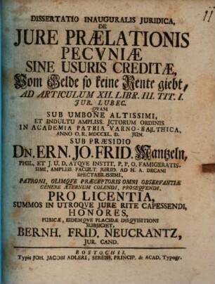 Diss. inaug. ... de iure praelationis pecuniae sine usuris creditae