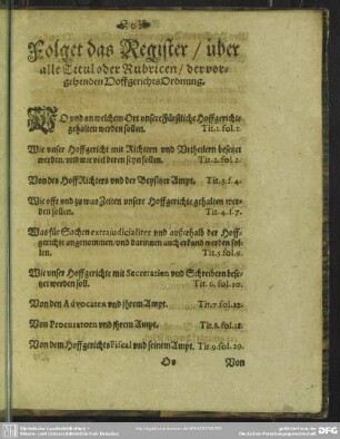 Folget das Register, über alle Titul oder Rubricen, der vorgehenden HoffgerichtsOrdnung