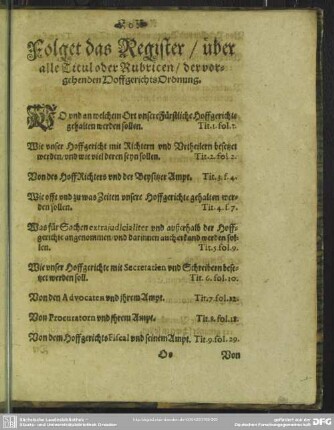 Folget das Register, über alle Titul oder Rubricen, der vorgehenden HoffgerichtsOrdnung