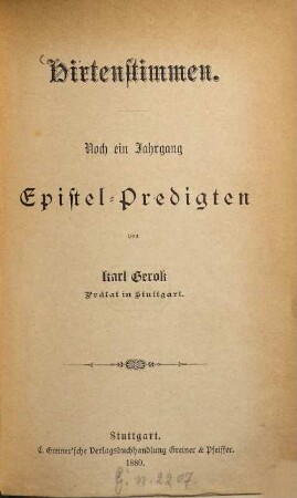 Hirtenstimmen : noch ein Jahrgang Epistel-Predigten