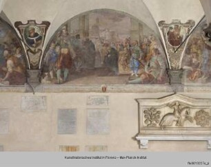 Freskenzyklus mit Darstellungen zu den Ursprüngen des Servitenordens : Uguccione wird auf Empfehlung des Filippo Benizzi von Rudolf von Habsburg empfangen (1270)