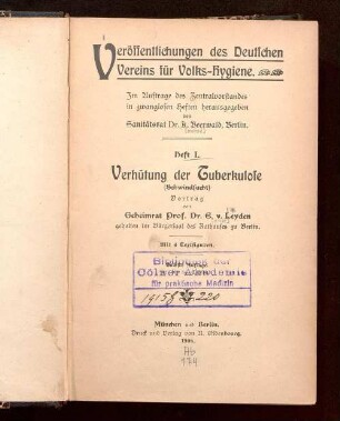 Verhütung der Tuberkulose (Schwindsucht) : Vortrag ... gehalten im Bürgersaal des Rathauses zu Berlin