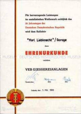 Ehrenurkunde "Für hervorragende Leistungen im sozialistischen Wettbewerb anlässlich des 20. Jahrestages der DDR"