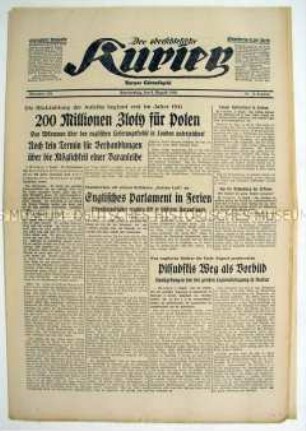 Regionale deutschsprachige Tageszeitung "Der oberschlesische Kurier" überwiegend zu außenpolitischen Fragen im Vorfeld des 2. Weltkrieges