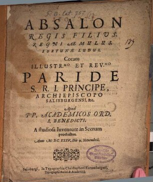 Absalon regis filius Regni aemulus Fortunae ludus