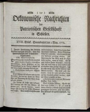 XVIII. Stück. Sonnabends den 2 May. 1778.
