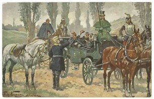 Zusammenkunft Fürst Otto von Bismarck, Herzog zu Lauenburg, preuss. Ministerpräsident mit Kaiser Napoleon Bonaparte III. von Frankreich auf der Strasse bei Donchery