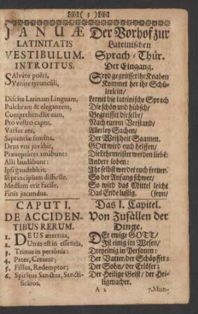 Januae Latinitatis Vestibulum. Introitus = Der Vorhof zur Lateinischen Sprach-Thür. Der Eingang