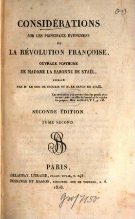 Considérations sur les principaux événemens de la révolution françoise : ouvrage posthume, 2